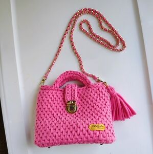 NWOT mini crossbody bag, hand-woven crochet Women's pink elegant, party casual.
